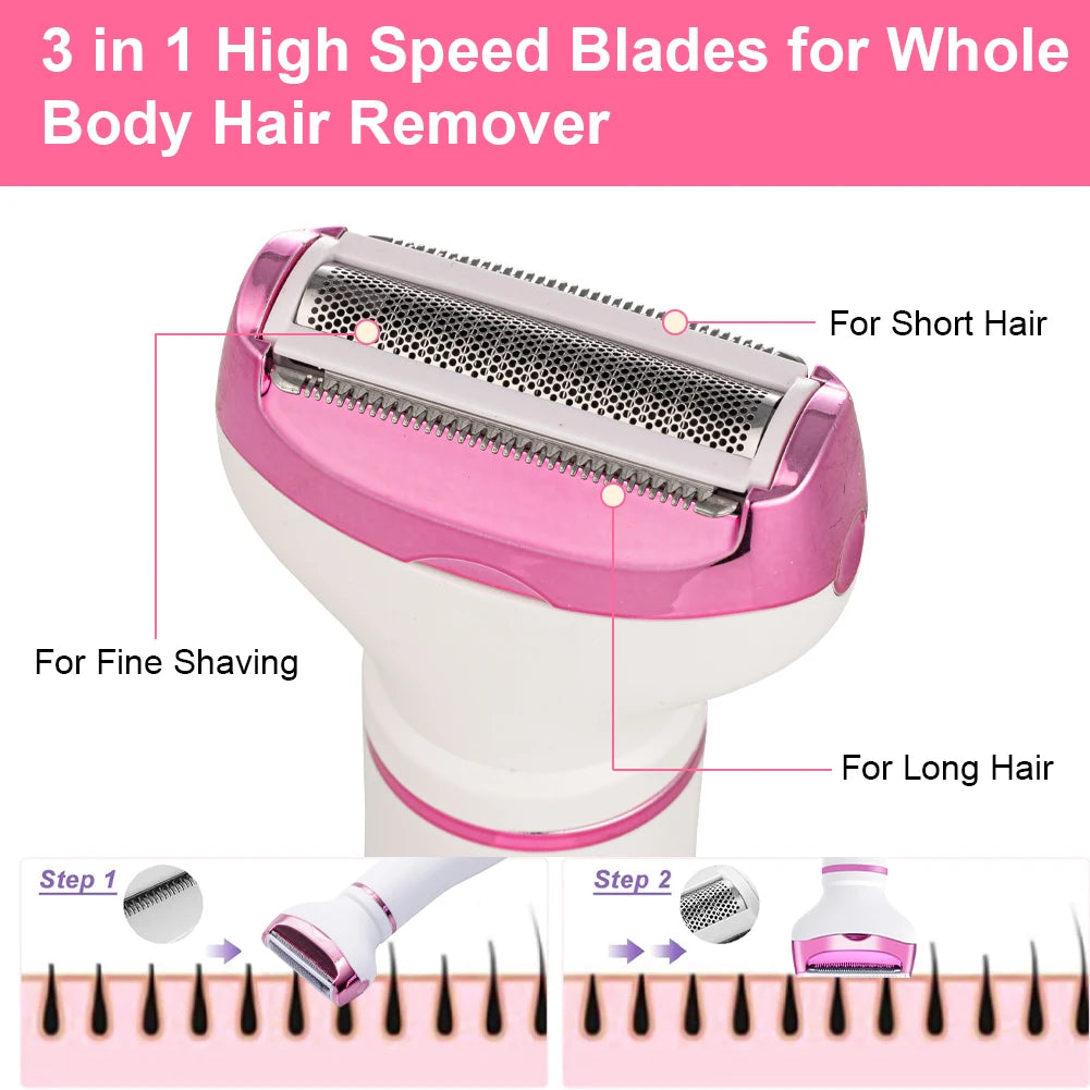 Maroon Asteria 4-in-1 electric lady shaver for body hair removal, featuring a painless epilator design and versatile attachments.
