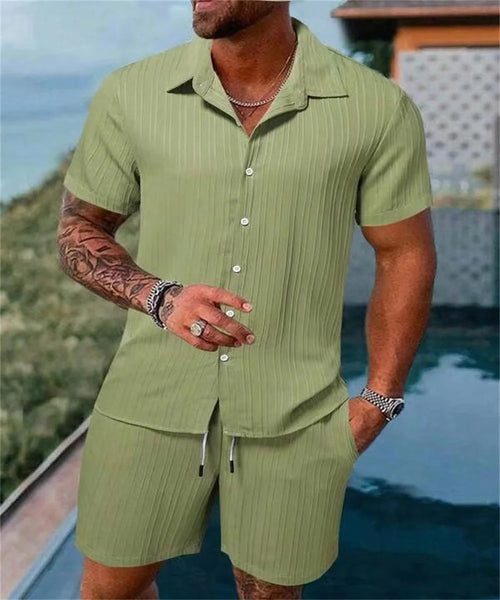 Raspberry Eurybia Irie men beach shorts set with colorful swimwear pattern, casual fit, suitable for beach and pool activities.