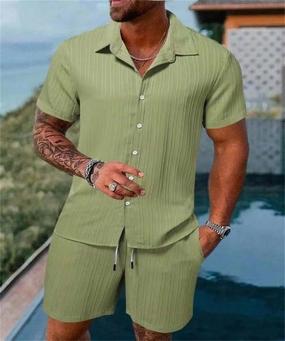 Raspberry Eurybia Irie men beach shorts set with colorful swimwear pattern, casual fit, suitable for beach and pool activities.