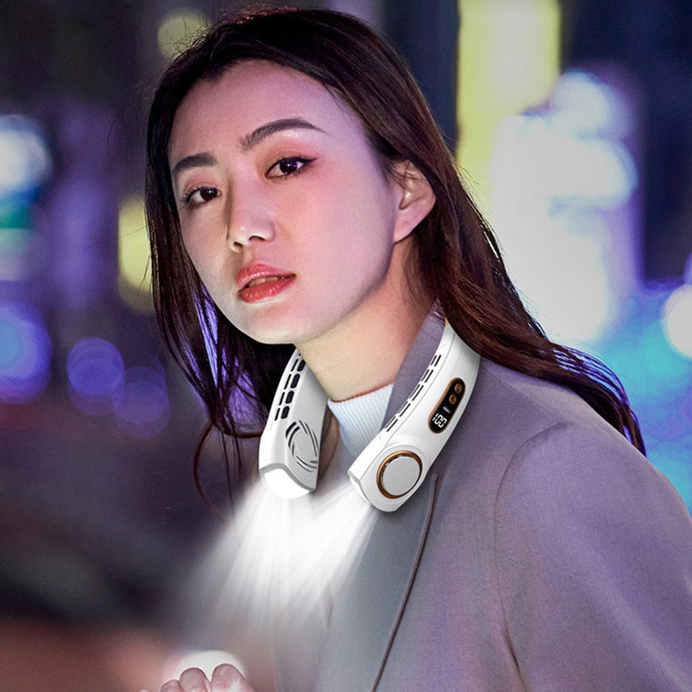 Yellow Pandora innovative LED wearable fan, a tech accessory with built-in LED lights and adjustable straps, designed for personal cooling