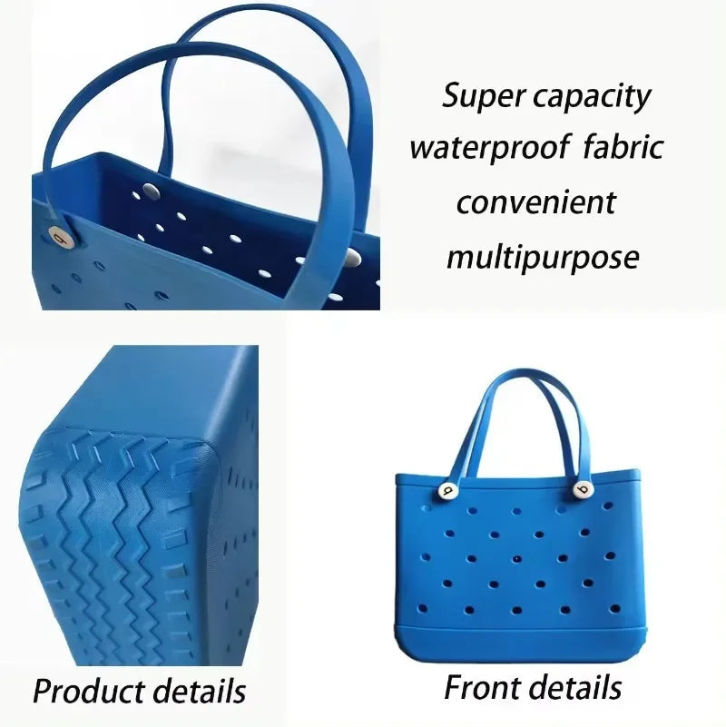 Raspberry Eurybia EVA rubber waterproof beach tote bag with spacious interior and stylish design, ideal for beach trips and outdoor use.