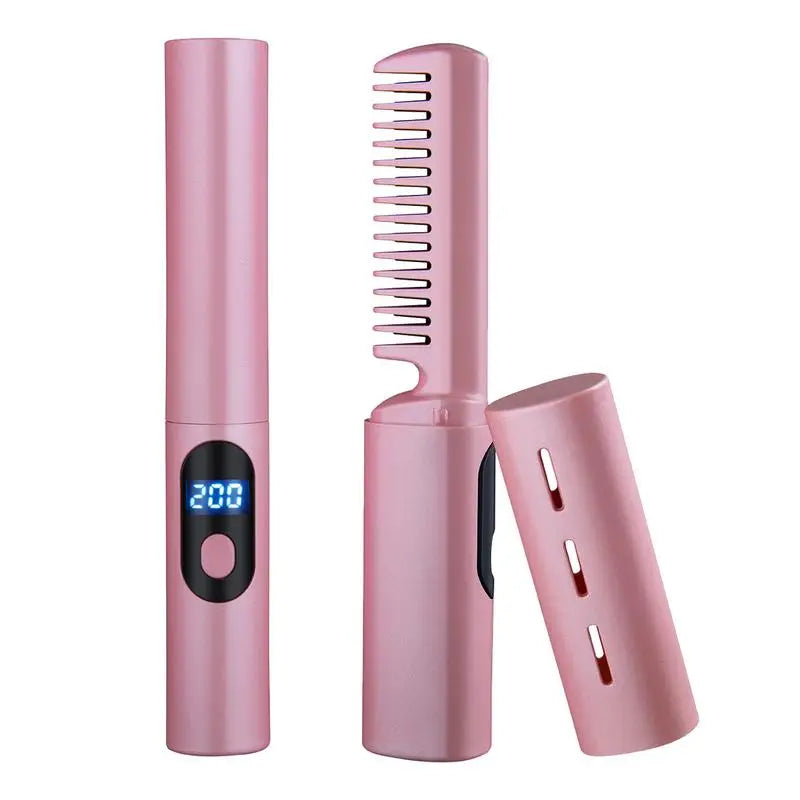 Maroon Asteria cordless mini hair straightener iron comb for curly hair, USB rechargeable, compact haircare tool.