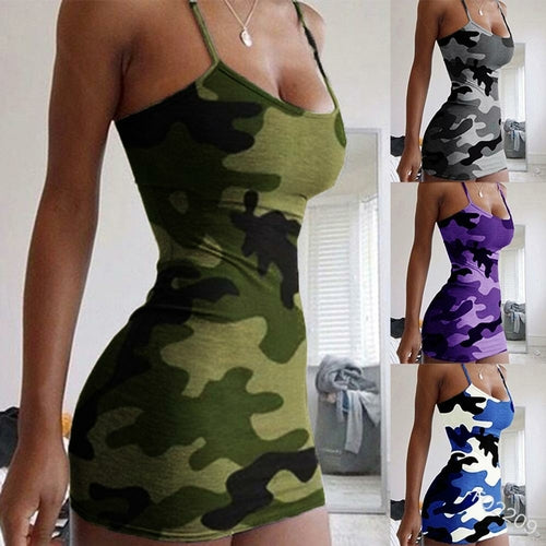 Sexy women’s sleeveless camouflage print spaghetti strap bodycon mini dress, perfect for summer parties and night club events.
