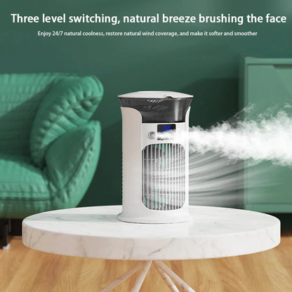 Maroon Asteria portable rechargeable quiet cool air fan with built-in humidifier on a desktop for home comfort.