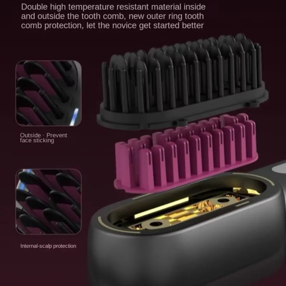 Maroon Asteria wireless hair straightener with shrink design and Type-C charging, featuring a straight hair comb for sleek styling.