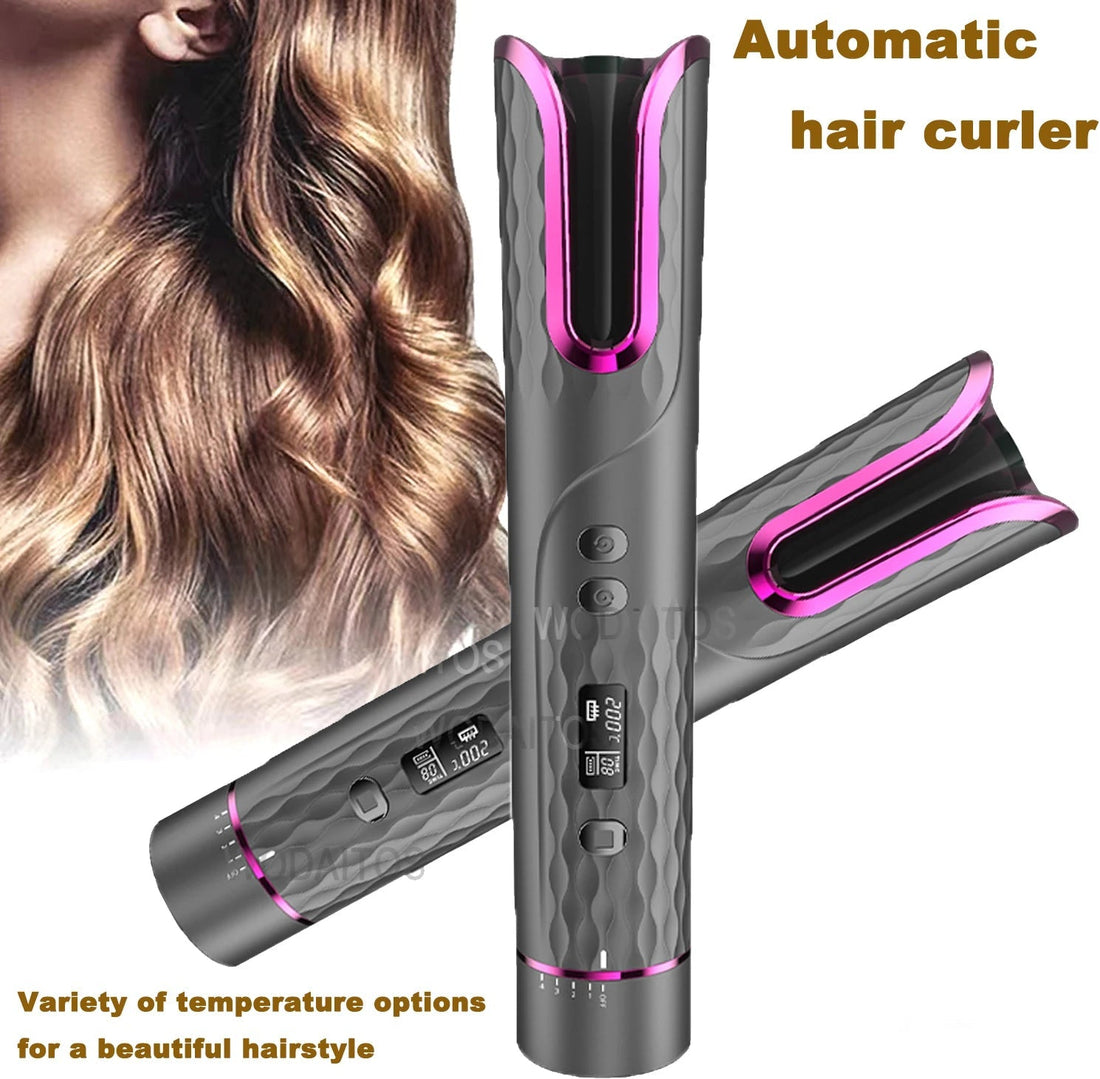Maroon Asteria automatic wireless electric hair curler with USB charging, portable and gentle for curling hair easily.
