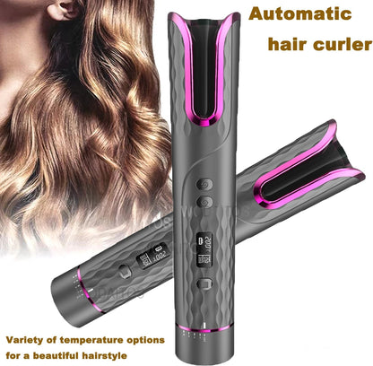 Maroon Asteria automatic wireless electric hair curler with USB charging, portable and gentle for curling hair easily.