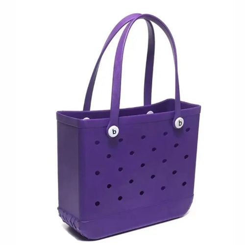 EVA rubber waterproof beach tote bag by Raspberry Eurybia with spacious design and colorful handles for summer outings.