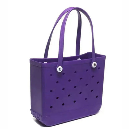 EVA rubber waterproof beach tote bag by Raspberry Eurybia with spacious design and colorful handles for summer outings.