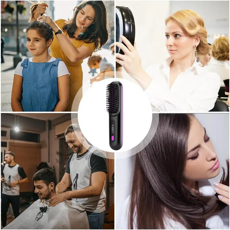Maroon Asteria electric hair straightener brush with 3 heat settings and USB charging, designed for smooth, straight hair.