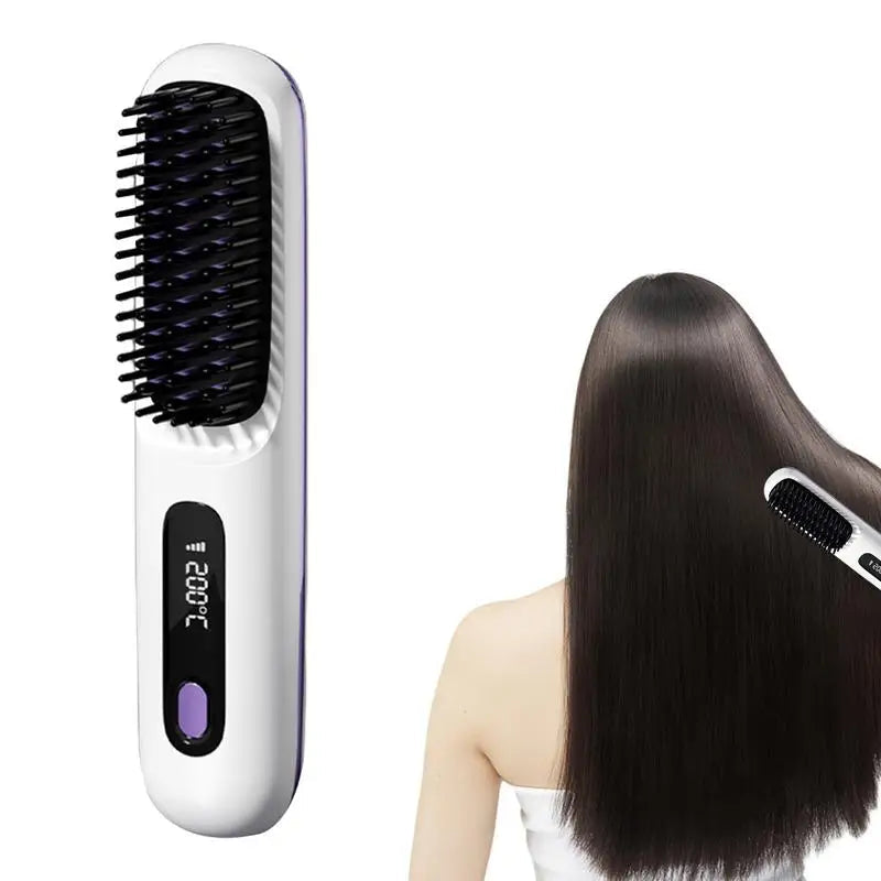 Maroon Asteria electric hair straightener brush with 3 heat settings and USB port, designed for smooth, styled hair.