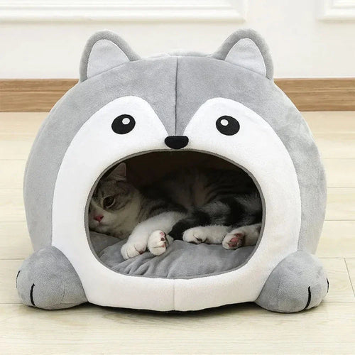 Yellow Pandora cartoon fox-themed pet house bed with cozy fabric, designed for small pets to rest comfortably.