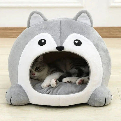 Yellow Pandora cartoon fox-themed pet house bed with cozy fabric, designed for small pets to rest comfortably.