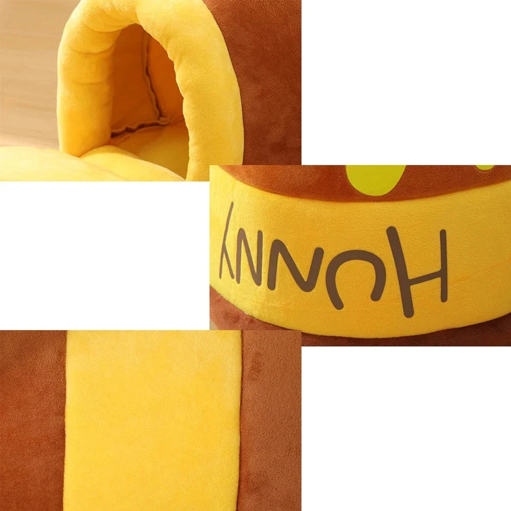 Yellow Pandora honey jar themed cat bed designed for comfort, featuring a cute honey jar shape perfect for cozy naps.