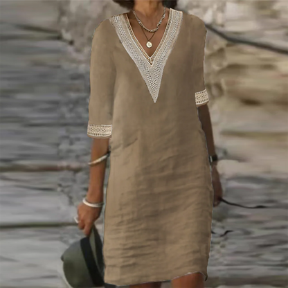 Elegant cotton linen dress from Yellow Eleusis, showcasing its soft fabric and stylish design.