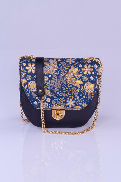 Dark blue floral handmade Oriental crossbody handbag by Chocolate Eros, featuring elegant design and intricate detailing.