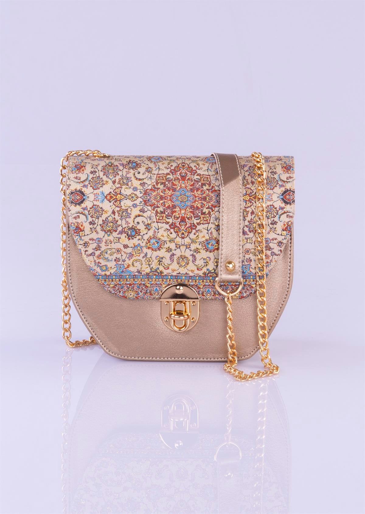 Handmade oriental golden crossbody handbag by Chocolate Eros with intricate pattern, stylish and elegant for women.
