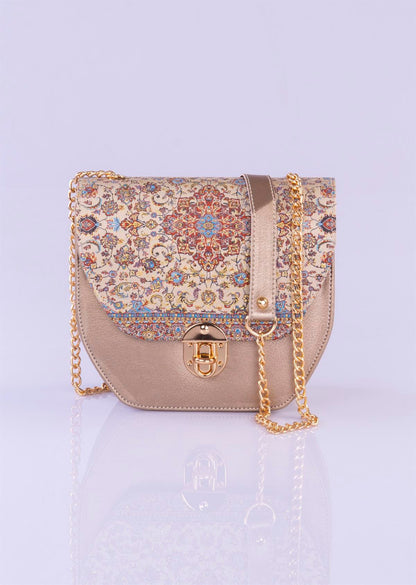 Handmade oriental golden crossbody handbag by Chocolate Eros with intricate pattern, stylish and elegant for women.