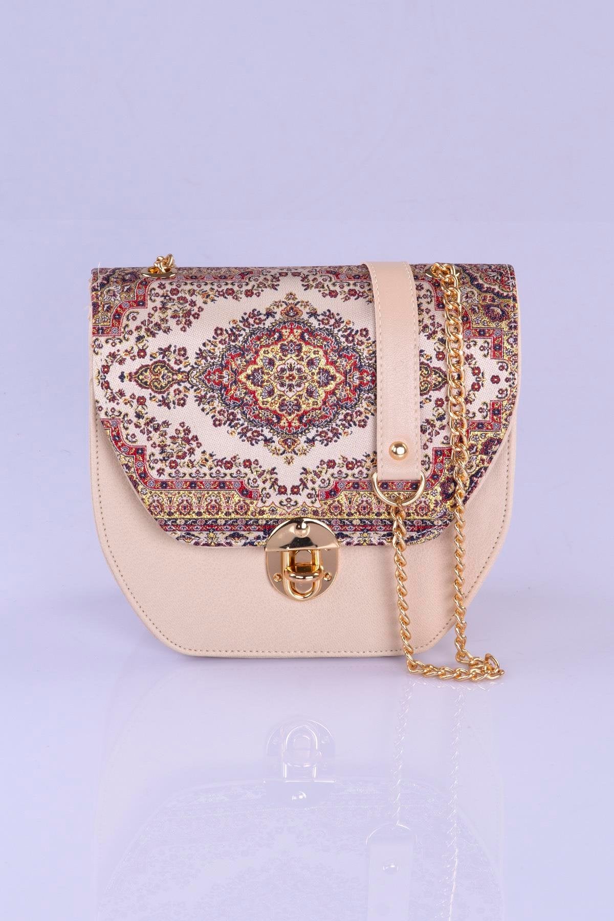 Beige handmade Oriental crossbody handbag with mosaic pattern from Chocolate Eros, featuring elegant design and intricate details.
