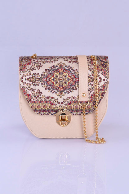 Beige handmade Oriental crossbody handbag with mosaic pattern from Chocolate Eros, featuring elegant design and intricate details.