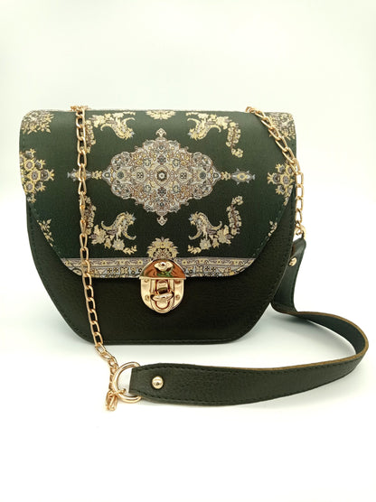 Olive green handmade oriental crossbody handbag by Chocolate Eros, featuring elegant design and intricate detailing.