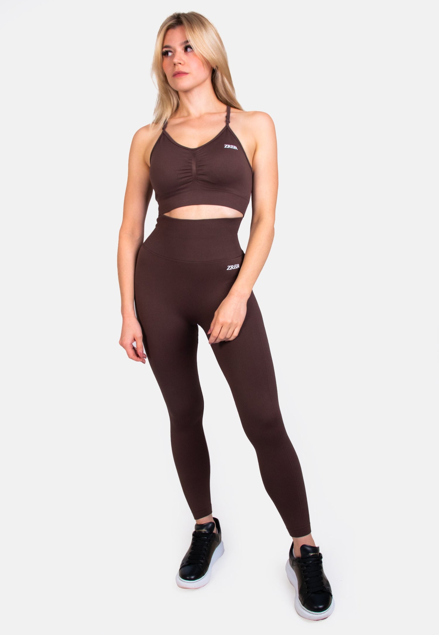 Pear Juniper seamless sports bra from the Shape collection, shown with coffee-colored leggings, designed for activewear and comfort.