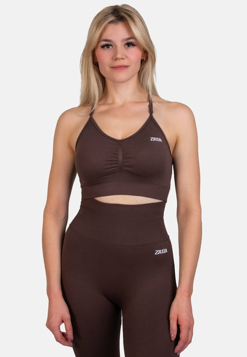 Coffee-colored Pear Juniper Shape Seamless Sports Bra featuring a supportive front design and comfortable fit.