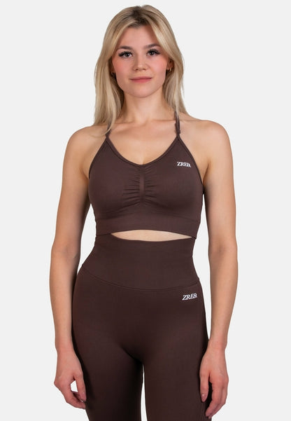 Coffee-colored Pear Juniper Shape Seamless Sports Bra featuring a supportive front design and comfortable fit.