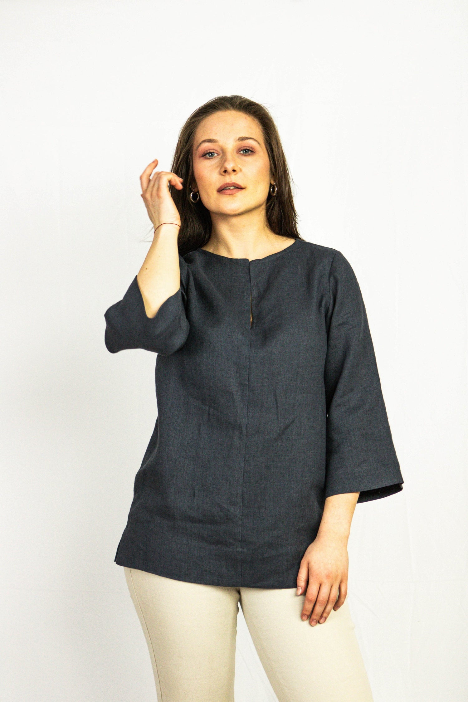 Asphalt grey linen oversize top from Magenta Sugarplum, showcasing relaxed fit and soft fabric, perfect for casual styling.
