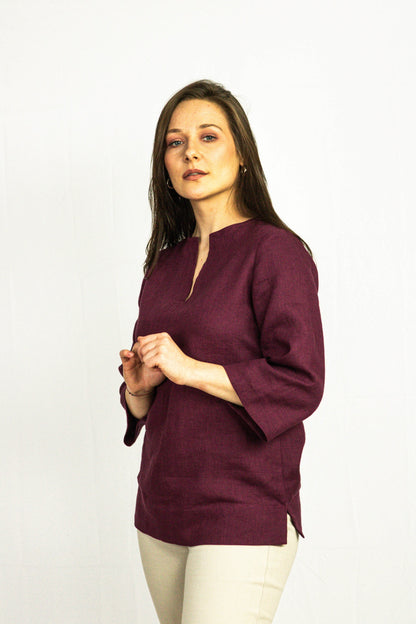 Asphalt grey linen oversize top by Magenta Sugarplum, featuring a relaxed fit and casual style, worn on a model.