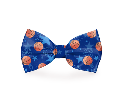 Blue dog bow tie with basketball hoop design by Plum Semele, perfect for pet wear and stylish collar accessories.