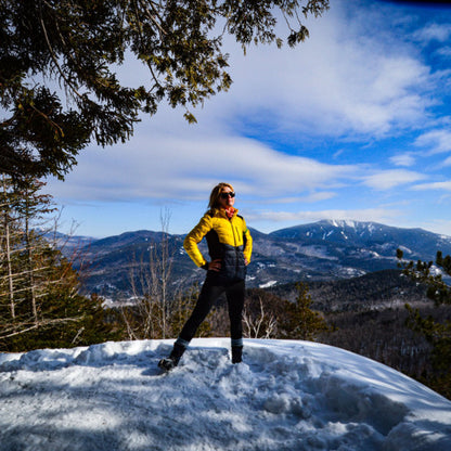 Yellow EcoDown jacket for women by Rose Hemera, lightweight activewear with insulated eco-friendly down filling.