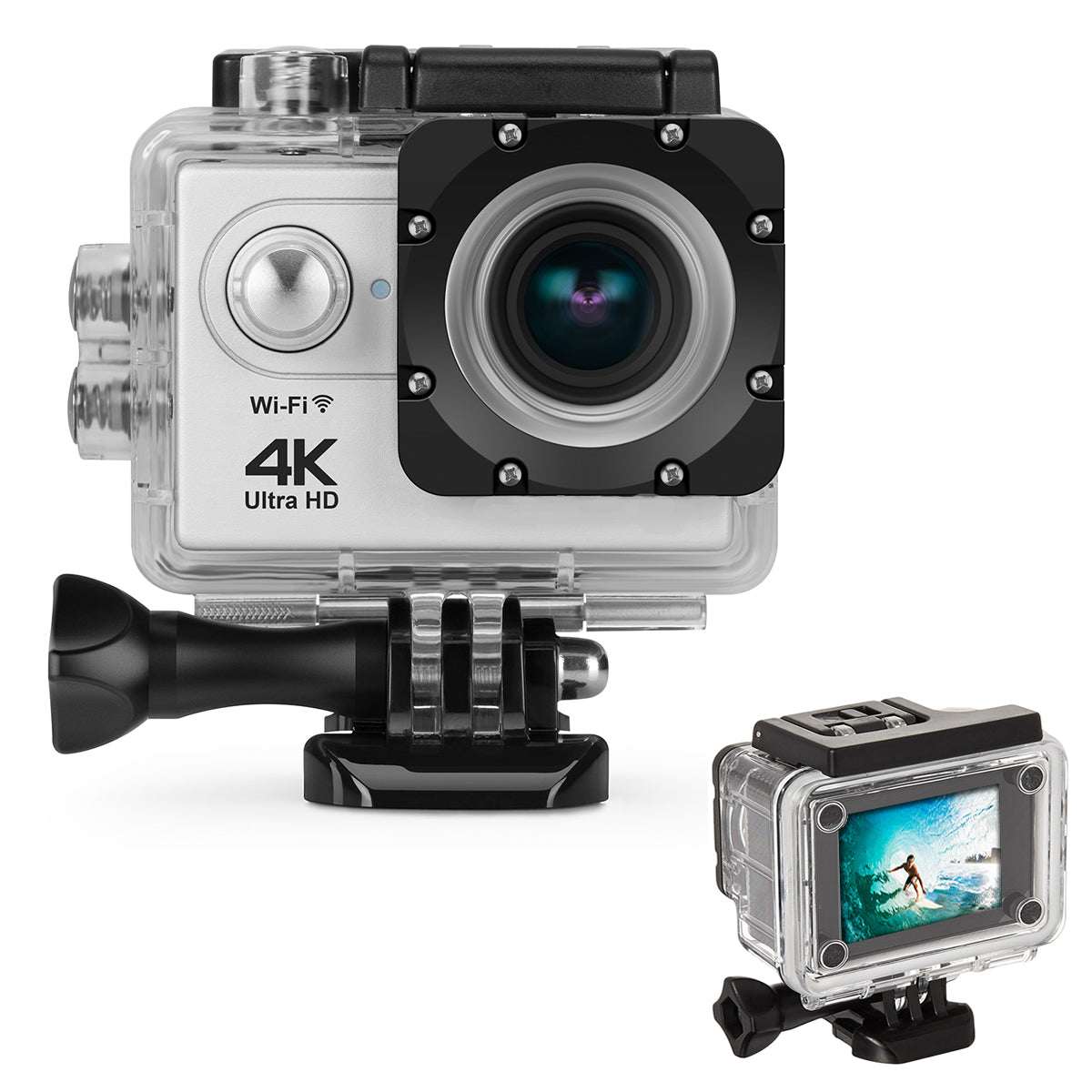 Salmon Lucky 4K waterproof digital UHD WiFi camera with RF remote and accessories, silver finish, compact tech accessories.