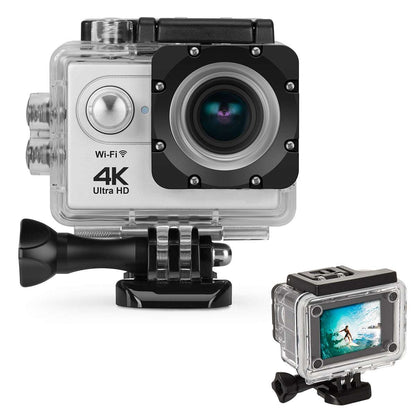 Salmon Lucky 4K waterproof digital UHD WiFi camera with RF remote and accessories, silver finish, compact tech accessories.