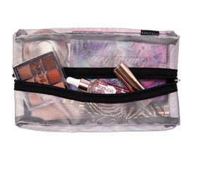 Silver mesh makeup case by Erin Crius with a sleek, lightweight design and zip closure for storing cosmetics.