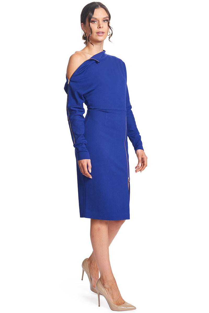 Peach Dionysus Josefa Convertible Midi Dress in Indigo Violet with gold accents, shown unzipped on a woman, versatile women&