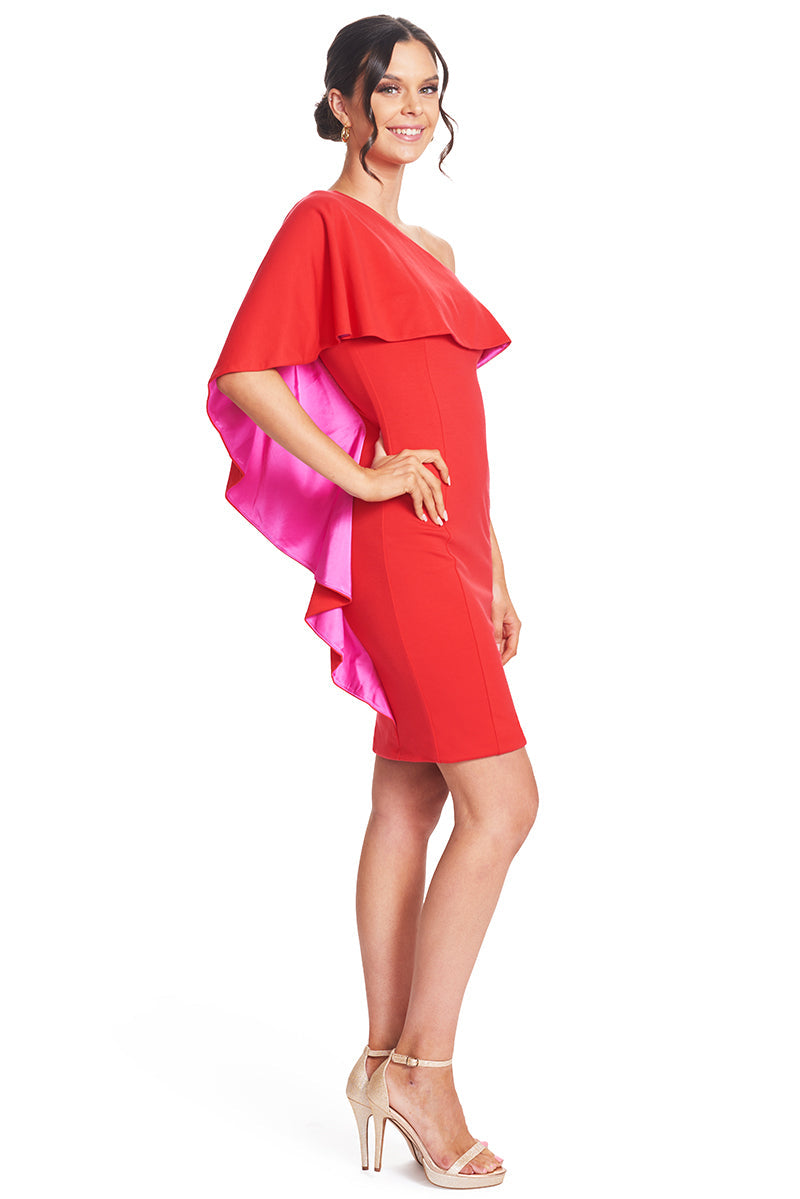 Red Shero Asymmetric Cape Dress by Peach Dionysus, a stylish women&