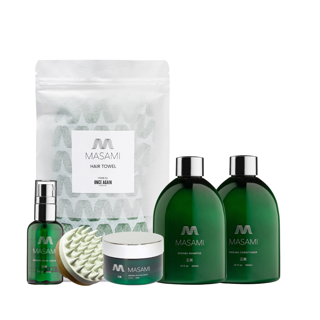 Green Saffron The Ultimate Hydrating Haircare System, bottle and tube with hair strands displaying healthy, shiny, moisturized hair.