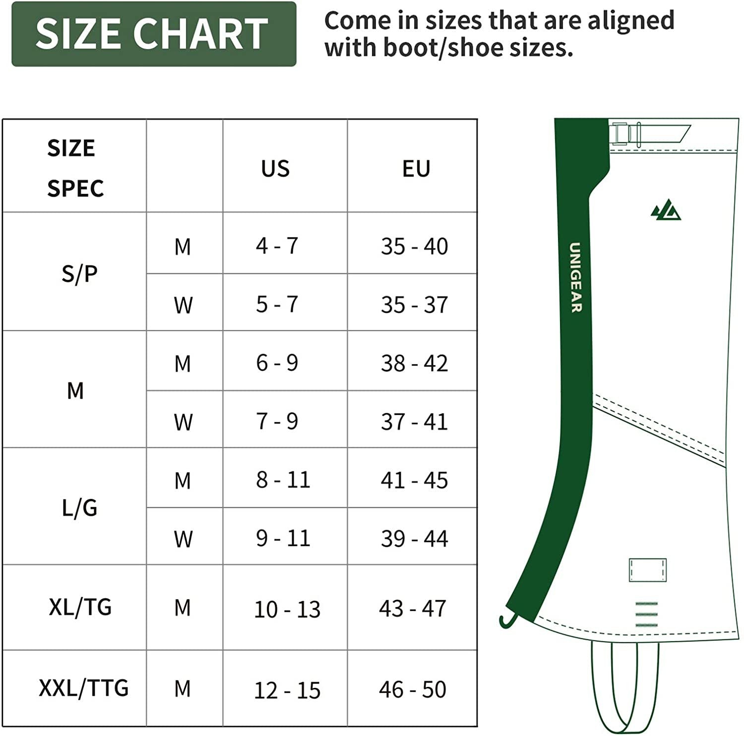 Size chart for Indigo Eurybia 1000D waterproof leg gaiters, showing sizing details and fit information for outdoor sports use.