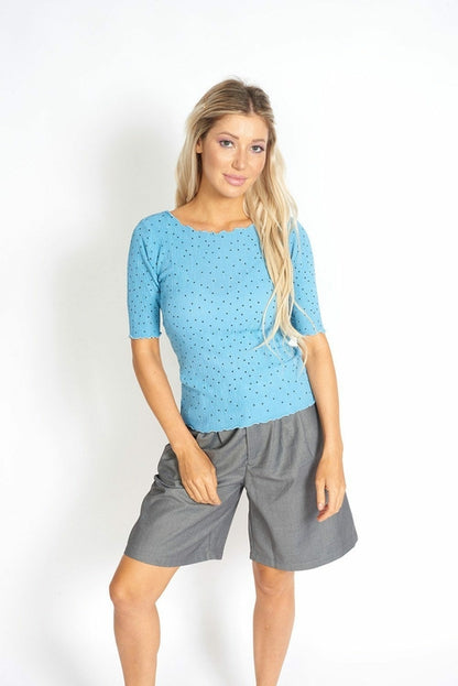 Azure Thanatos So Sweet Frill Polka Dots Top in blue, stylish blouse with ruffled details and polka dot pattern.