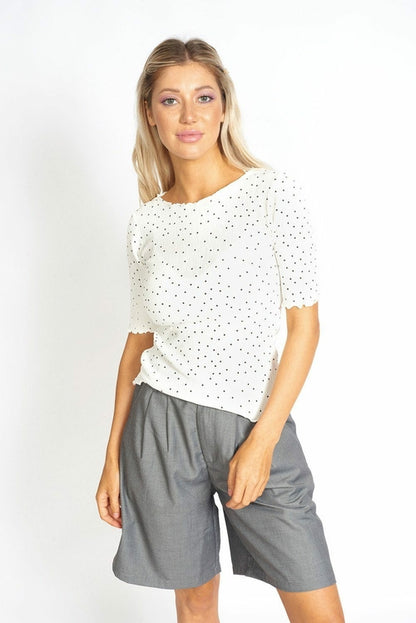 White So Sweet Frill Polka Dots Top by Azure Thanatos, featuring ruffled neckline and playful polka dot pattern for casual wear.