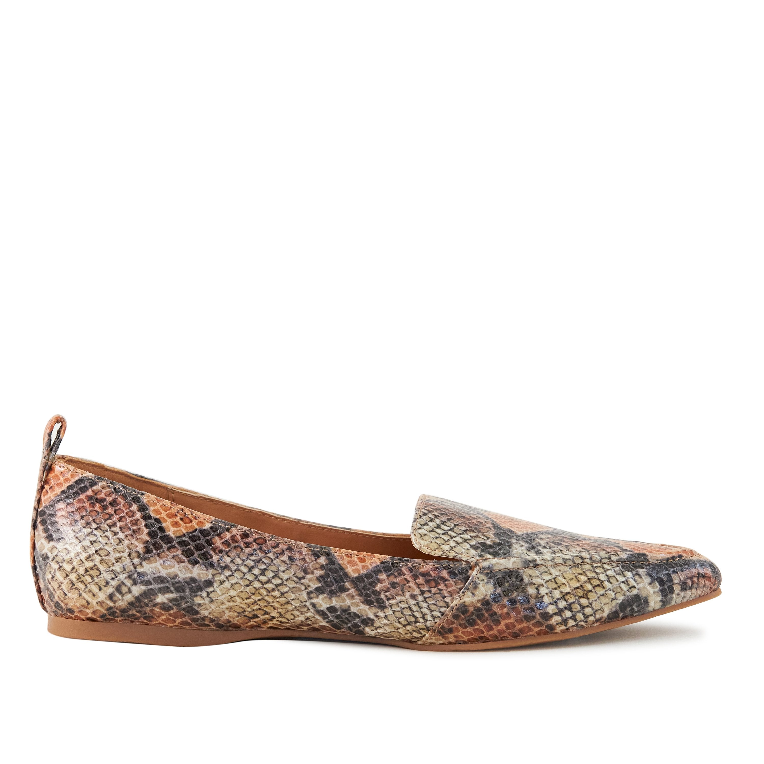 Women’s orange snake skin flats by Pear Aeneas, featuring a stylish flat shoe design with snake print detail.