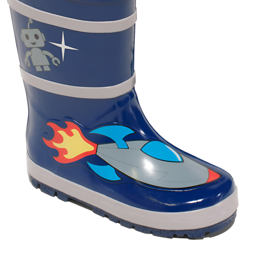 Kids Magenta Ash Space Hero rain boots with space-themed design, featuring bright colors and a sturdy rubber sole, front view.