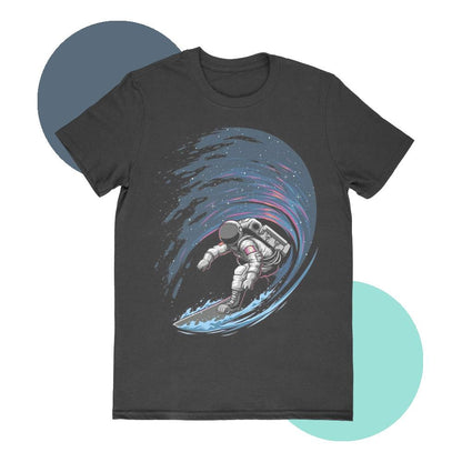 Scorpius Space Surfing T-shirt featuring a space-themed surfing graphic on a black cotton T-shirt.