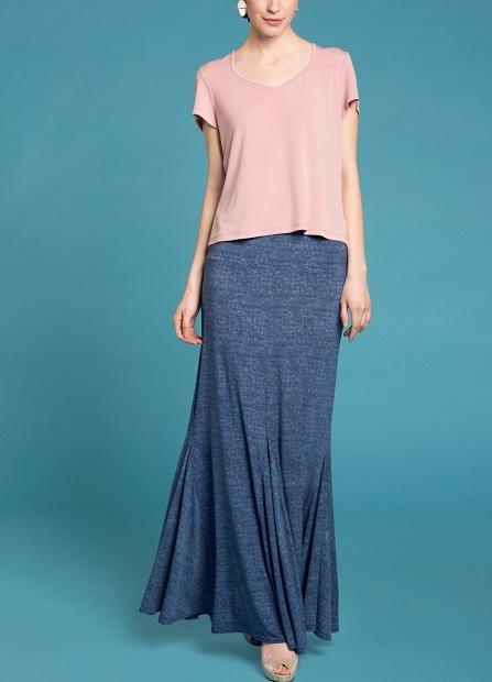 Blue denim print maxi skirt for women from Purple Mango, styled with a sweetheart neck top, in a casual, trendy look.