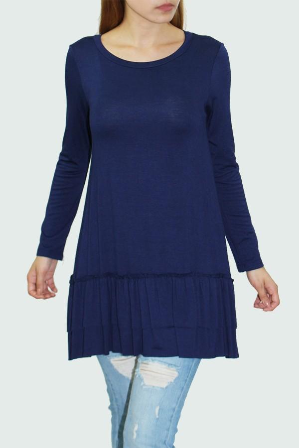 Navy long sleeve pleated bottom tunic dress by Yellow Hera, with a relaxed fit and elegant pleated detail at the hem.