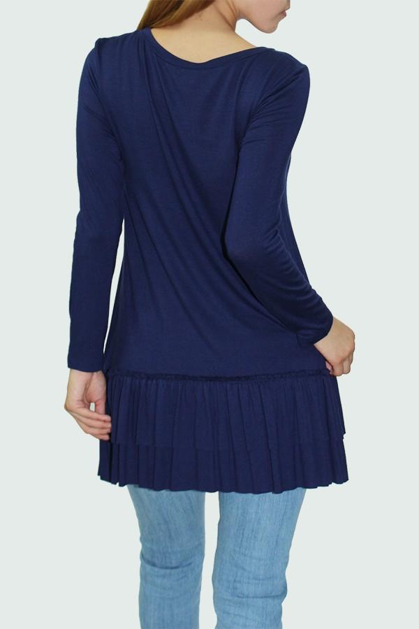 Navy long sleeve pleated bottom tunic dress by Yellow Hera, featuring a flowing silhouette and elegant pleats.