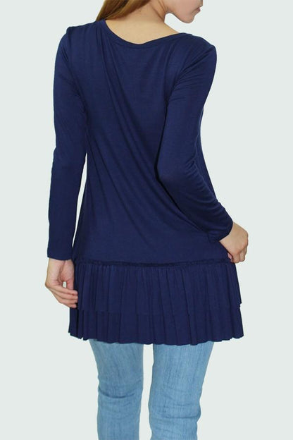 Navy long sleeve pleated bottom tunic dress by Yellow Hera, featuring a flowing silhouette and elegant pleats.