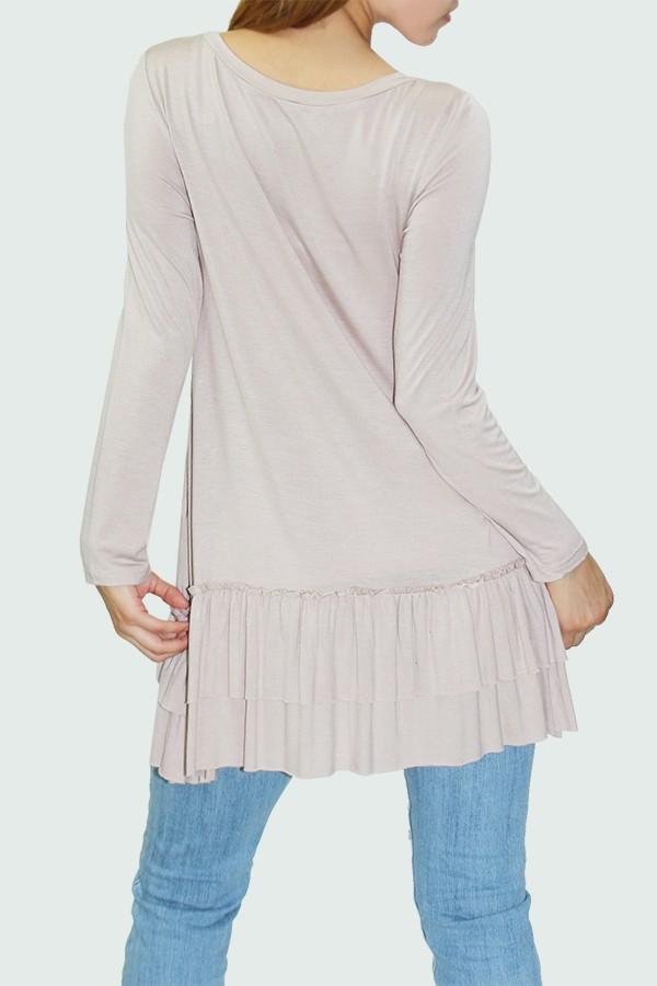Beige long sleeve pleated bottom tunic dress by Yellow Hera, featuring a flowing design and elegant pleats.