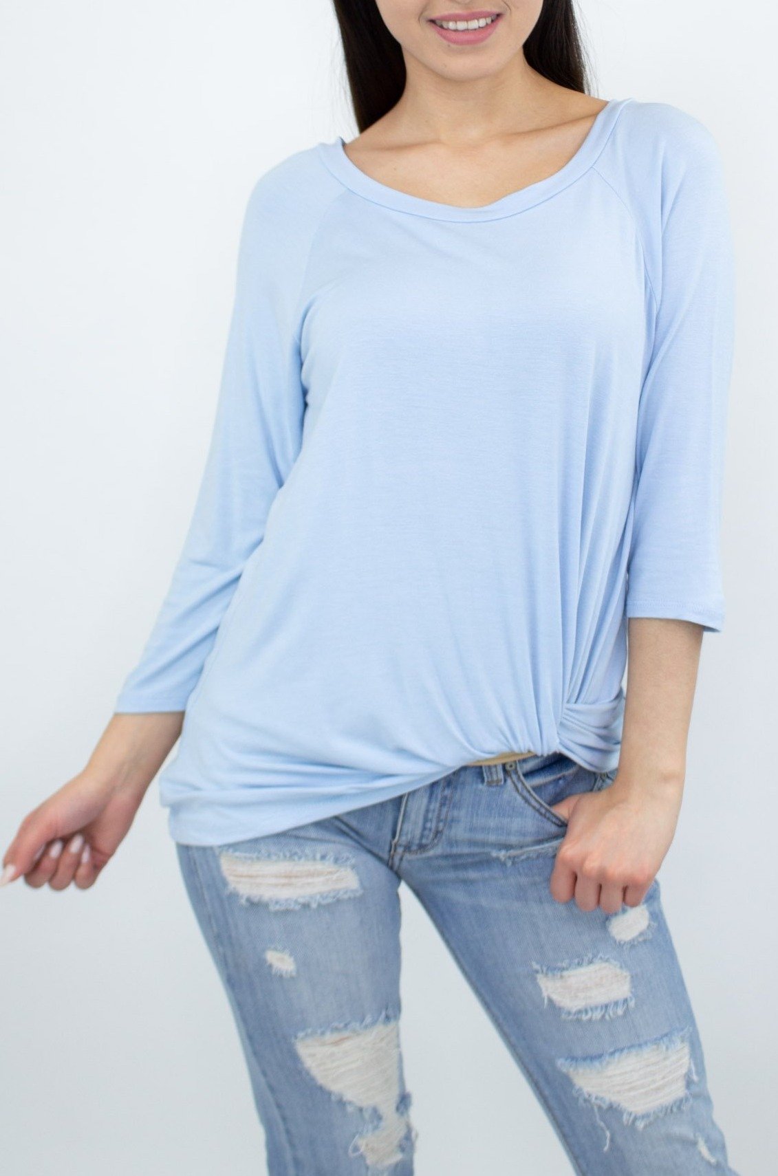 Yellow Hera twisted front blue comfortable top, casual clothing with a stylish design, shown on a hanger or worn by a model.